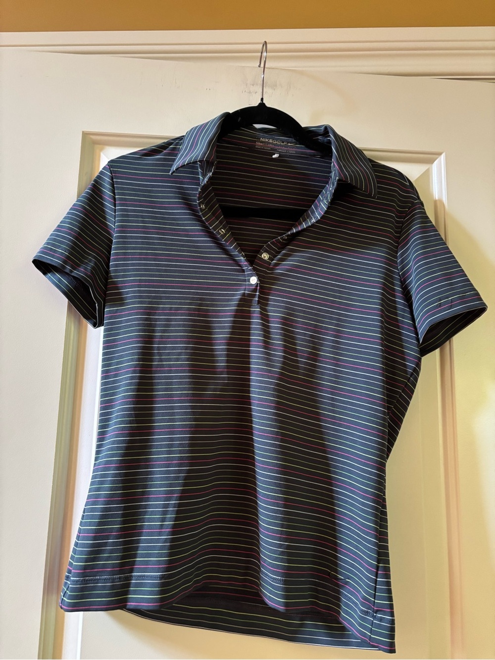 Nike Golf Black Short-Sleeve Polo with White, Pink & Green Stripes